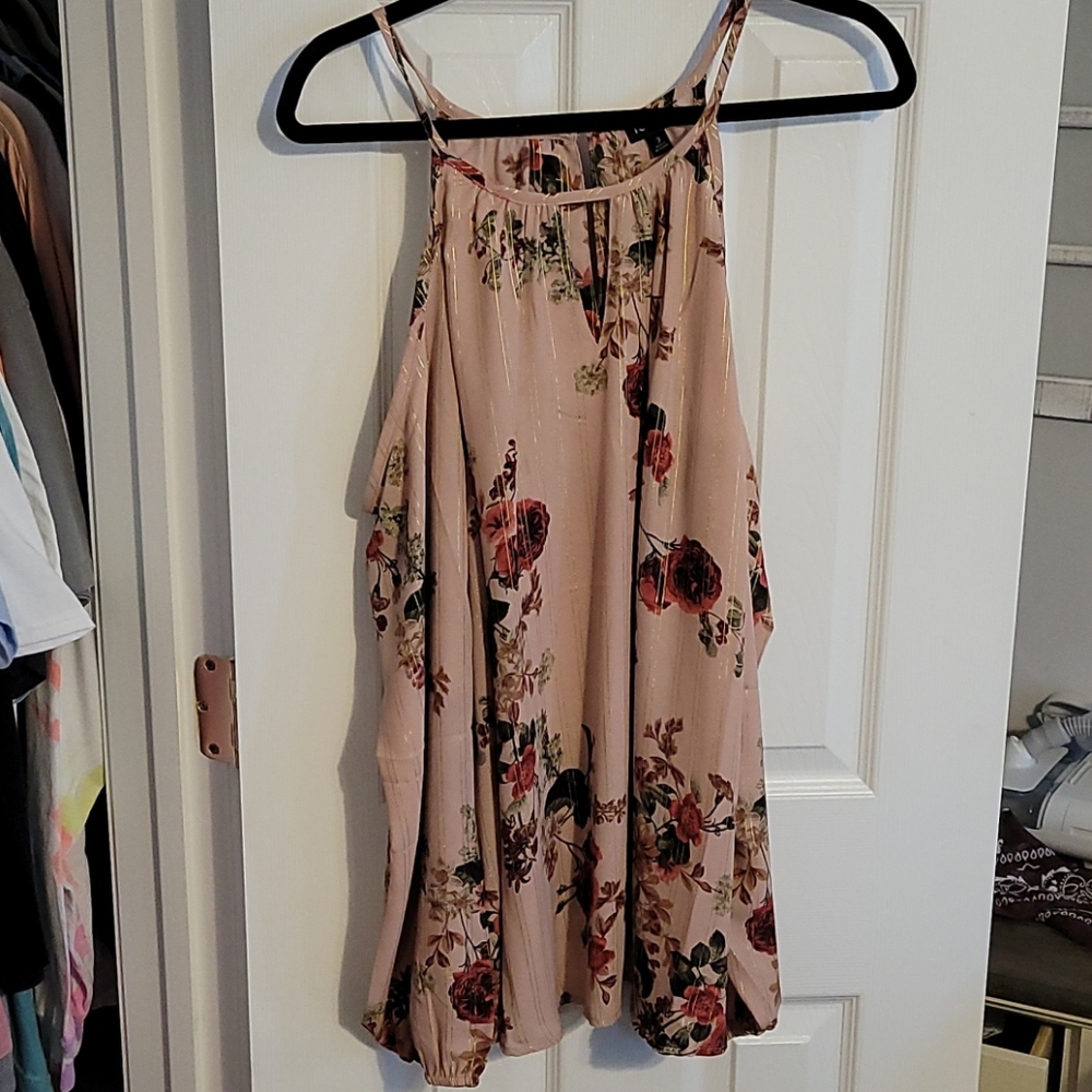 Pink floral cold shoulder top